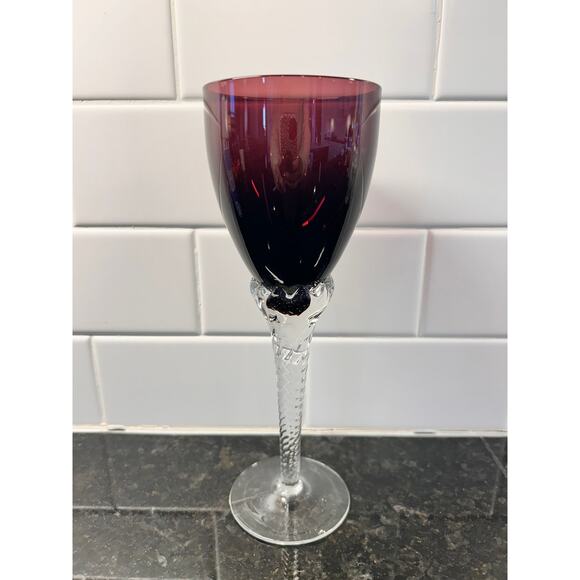 Vintage Art Glass Goblet Clear Twisted Stem Handcrafted in Yugoslavia Amethyst - Picture 1 of 8